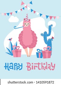Birthday card with funny cute cartoon llama. Editable vector illustration. Hand drawn Alpaca in party hat with gift boxes, cactuses.Scandinavian style flat design. Concept for invite, children print.