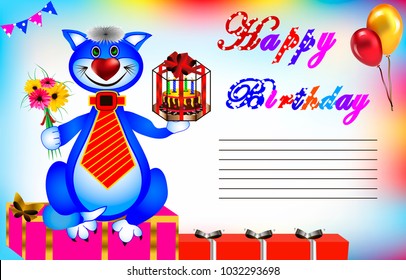 Birthday card - funny cute cat with flowers and cake. Colorful celebratory background. EPS 10 vector.