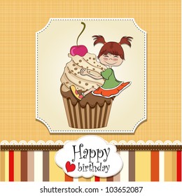 birthday card with funny girl perched on cupcake