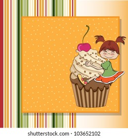 birthday card with funny girl perched on cupcake
