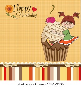 birthday card with funny girl perched on cupcake