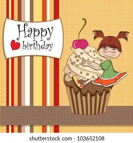 birthday card with funny girl perched on cupcake