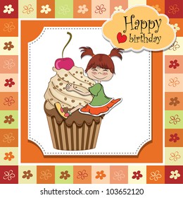 birthday card with funny girl perched on cupcake