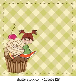 birthday card with funny girl perched on cupcake