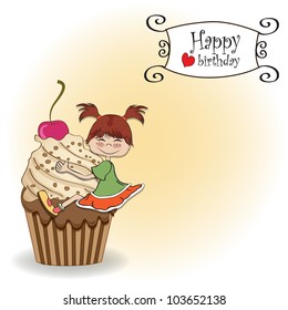 birthday card with funny girl perched on cupcake