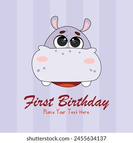 Birthday card with funny hippo and red lollipop. Vector illustration