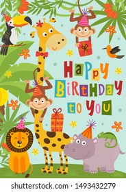 birthday card with funny jungle animals - vector illustration, eps    
