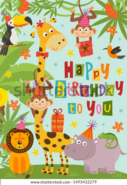 Image Vectorielle De Stock De Carte D Anniversaire Avec De Droles D Animaux