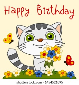 Birthday card - funny kitten with bouquet of flowers as gift