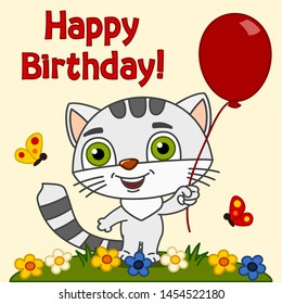 Birthday card - funny kitten with red balloon