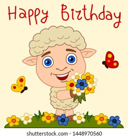 Birthday card - funny lamb with a bouquet of flowers on a summer meadow