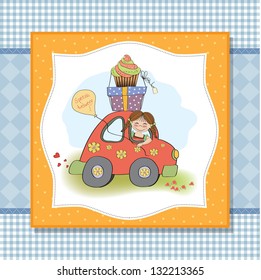 birthday card with funny little girl in vector format