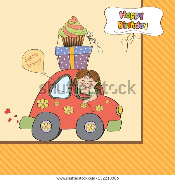 birthday\
card with funny little girl in vector\
format