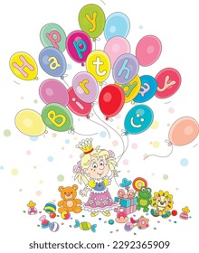 Birthday card with a funny little princess holding colorful balloons among holiday gifts, toys and sweets, vector cartoon illustration on a white background