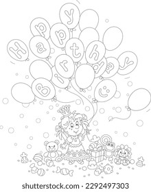 Birthday card with a funny little princess holding balloons among holiday gifts, toys and sweets, black and white outline vector cartoon illustration