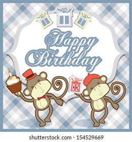 Birthday card with funny monkeys, gifts and cake
