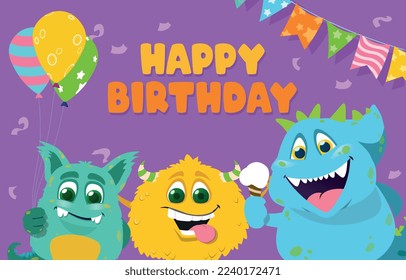 Birthday card funny monsters. Holiday and festival, invitation and greeting postcard design. Poster or banner for website. Fairy tale, imagination and fantasy. Cartoon flat vector illustration