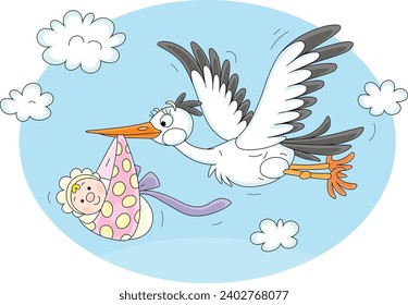 Birthday card with a funny stork flying among white clouds in the blue sky and carrying a cute newborn baby home to happy parents, vector cartoon illustration