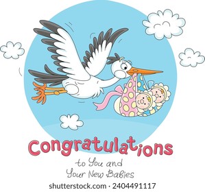 Birthday card with a funny stork flying among white clouds in the blue sky and carrying  cute newborn baby twins home to happy parents, vector cartoon illustration