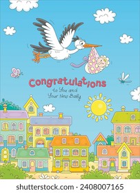 Birthday card with a funny stork flying among white clouds in the blue sky over pretty small town and carrying a cute newborn baby home to happy parents, vector cartoon illustration