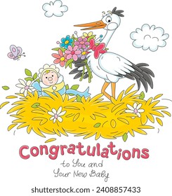 Birthday card with a funny white stork and cute newborn baby in a large straw nest, vector cartoon illustration