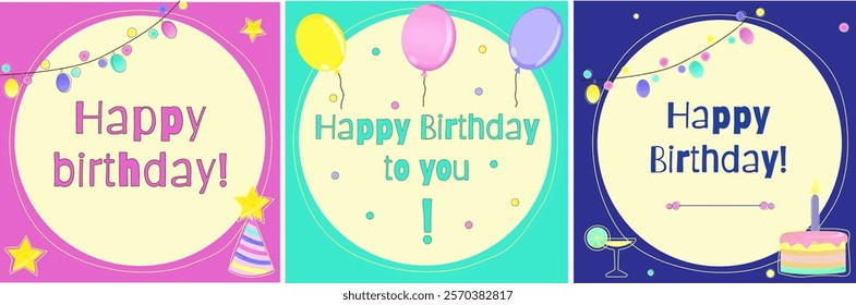 Birthday card with garland, yellow stars and hat, happy birthday wishes, various festive elements, hand-drawn simple style