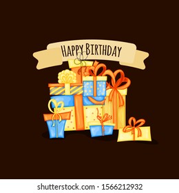 Birthday card with gift boxes. Cartoon style. Vector illustration