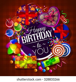 Birthday card with gift boxes, cocktails, lollipops, box of chocolates and confetti.