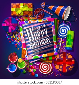 Birthday card with gift boxes, cocktails, lollipops, party hat, frames and confetti