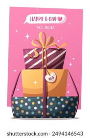 Birthday card with gift boxes and handwritten lettering. Birthday party, celebration, holiday, event, festive, congratulations concept. Vector illustration. Postcard, card, cover.