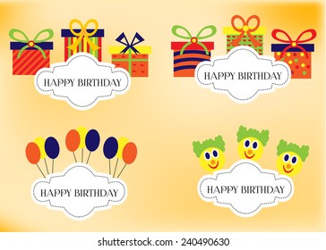 Birthday card with gifts, balloons and clowns