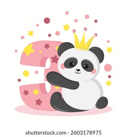 Birthday card for a girl  3 years old. Baby shower banner with cute panda on pastel background for baby banner, baby shower invitation, birthday greeting card, social media, wallpaper and website. 