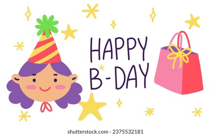 Birthday card with a girl, with a gift package and stars on a white background. A holiday card, an invitation to a holiday. Cute cartoon postcard with a character