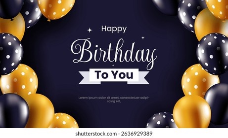 birthday card with gold and dark blue balloons, ideal for birthday party invitations, celebratory cards, and festive event decorations.