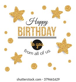 Birthday card with gold stars, polka dots. Vector illustration.