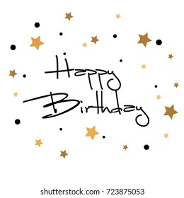 Birthday card with gold stars, polka dots. Birthday - gold text. Vector illustration.