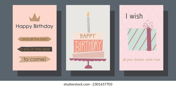 Birthday card. Greeting card. Invitation. Save the date. Festive decor. Cake, cupcake, candles, balloons, gifts