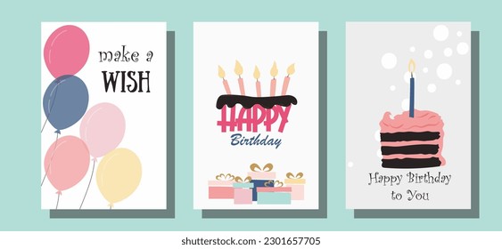 Birthday card. Greeting card. Invitation. Save the date. Festive decor. Cake, cupcake, candles, balloons, gifts