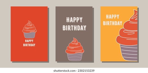 Birthday card. Greeting card. Invitation. Save the date. Festive decor. Cake, cupcake, candles, balloons, gifts.Postcards with a cupcake	