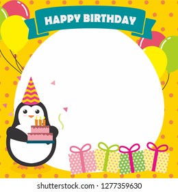 Birthday card greeting template with cute and adorable penguin character 