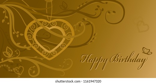 Birthday card. Greeting card in vintage style with a heart on a gold background. Happy Birthday