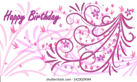 Birthday card. Greeting card in vintage style on a white background. Abstract ornament with curly branches. Happy Birthday. Vector illustration