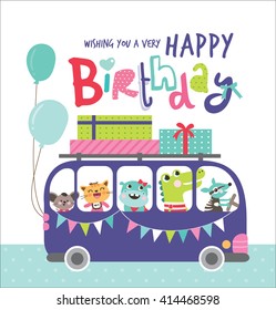 Birthday Card with group of cute animals in a bus