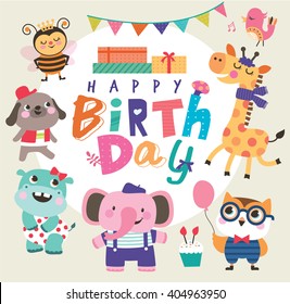 Birthday card with group of cute little animals