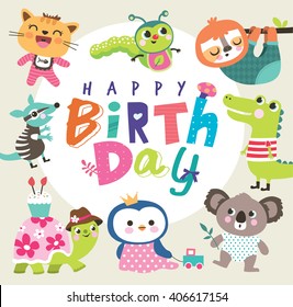 Birthday card with group of cute little animals