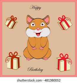 A birthday card with the hamster and boxes of presents.