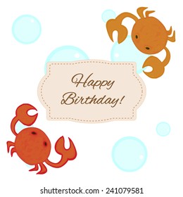 Birthday card with hand drawn doodle crabs on a simple  background. Vector illustration.