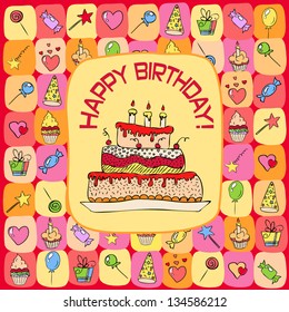 birthday card with hand drawn elements eps 8