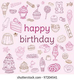 Birthday Card - with hand drawn elements - for Scrapbook, Invitation in vector