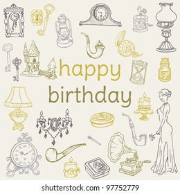 Tarjeta de cumpleaños - con elementos dibujados a mano - para Scrapbook, Invitación en vector